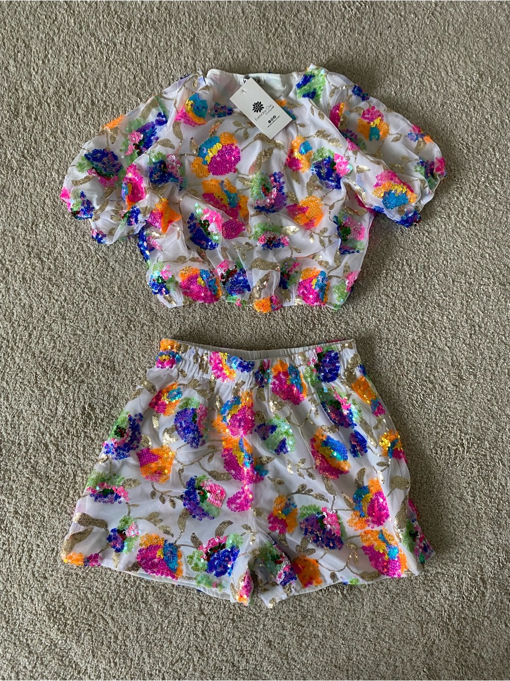 Sequin Floral Two-Piece Crop Top & Shorts Set — Multicolor